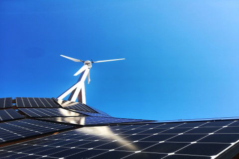 Image of a wind turbine and solar panels