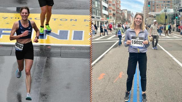 Side by side photos of Jenna Hoge completing the Boston Marathon, and showing her race number