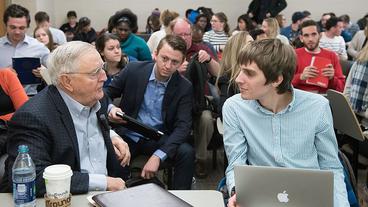 Walter Mondale with students in 2018