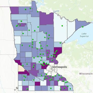 Map of Minnesota showing which counties have Section 515 subsidized housing